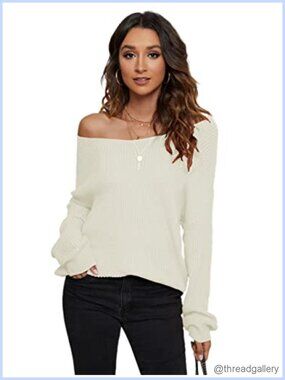 Off Shoulder V-Neck Sweater Criss Cross Back Batwing Cropped Top